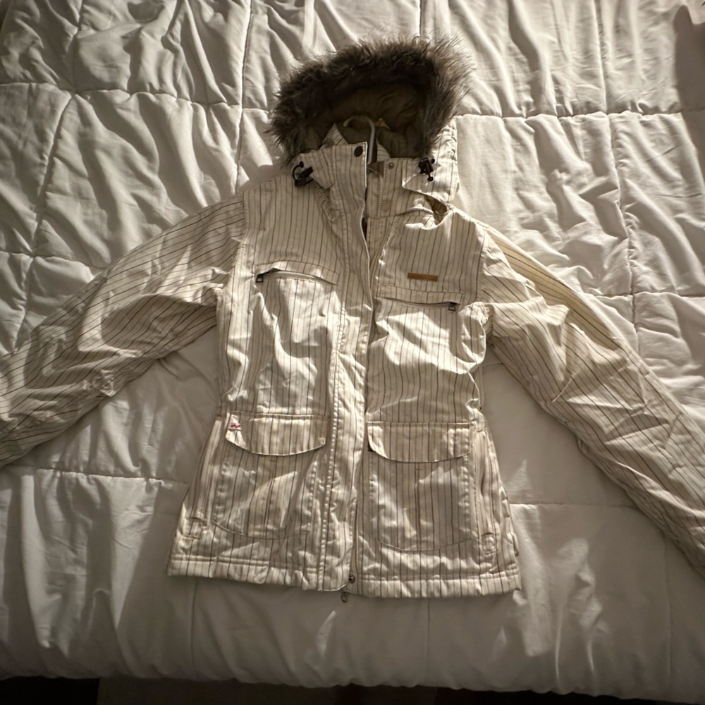 Women's Ivory Striped Puffer Jacket with Faux Fur Hood